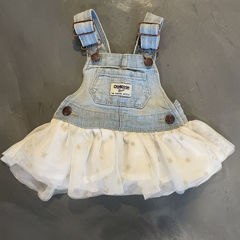 Oshkosh B'gosh Overall Dress Size 3M Denim White Tulle Metallic Gold Stars Tutu